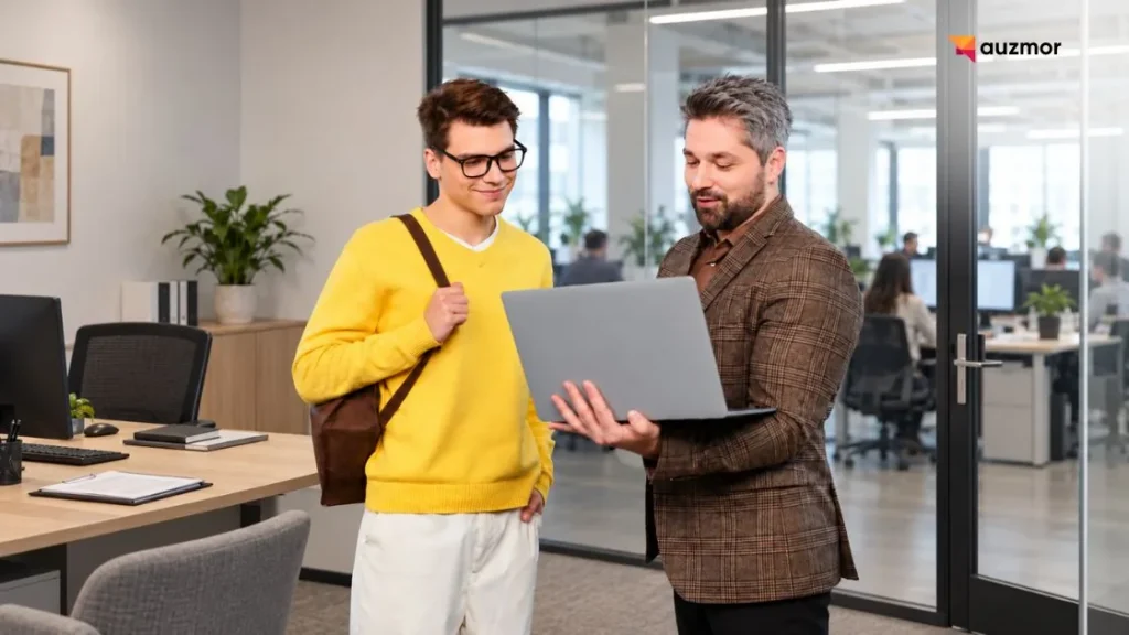 Manager showing a new employee training content on a laptop in an open office