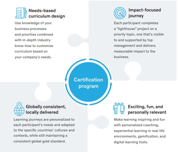 Certification program puzzle: needs-based curriculum, impact-focused journey, globally consistent delivery, personally relevant learning